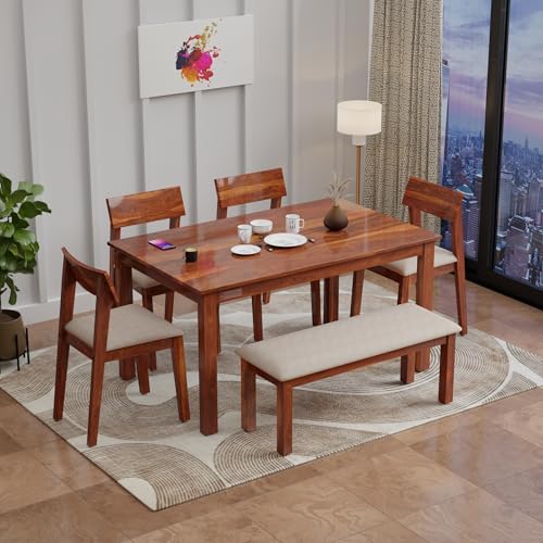 Image of DRIFTINGWOOD Liana 6-Seater Dining Table Set � Sheesham Wood Natural Honey Finish with Table, 4 Cushioned Chairs & Bench - Ideal for Kitchen & Living Room - Assembly Required