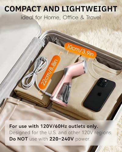 Image of OGHom Portable Travel Handheld Steamer for Clothes, Garment Wrinkle Remover | Pink, 1000W Strong Penetrating Fabric Steamer, 150ML Water Tank, for Home, Office, Travel (ONLY FOR 120V)