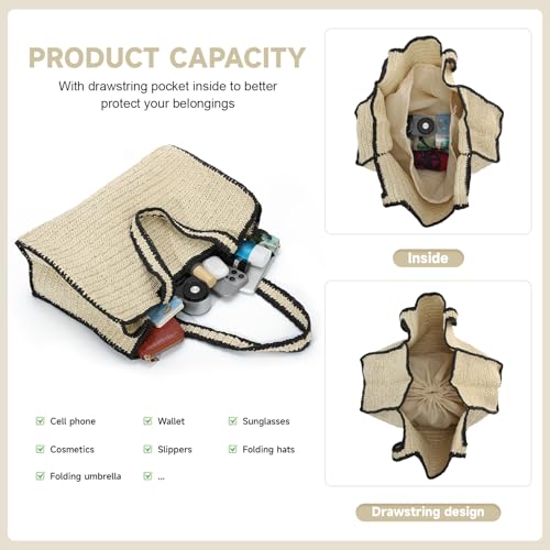Image of Fecialy Women Large Straw Tote Handbag Hand Woven Summer Beach Shoulder Bag Chic Casual Travel Vacation Bags