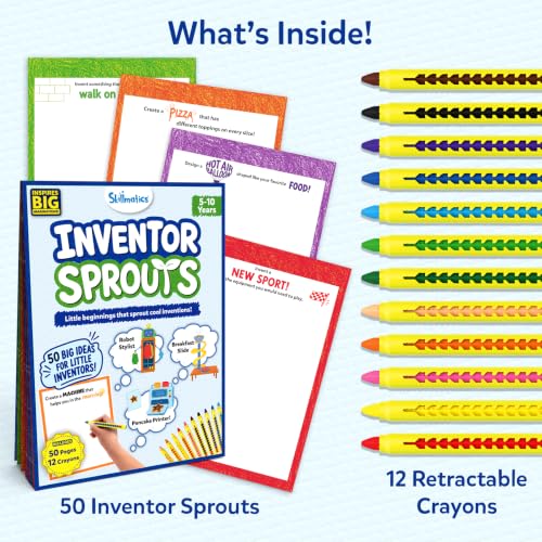 Image of Skillmatics Inventor Sprouts - Invention Drawing Activity Book for Kids | 50 Creative Challenges with 12 Retractable Mess-Free Crayons, Screen-Free STEAM Gift for Boys & Girls Ages 5, 6, 7, 8, 9, 10