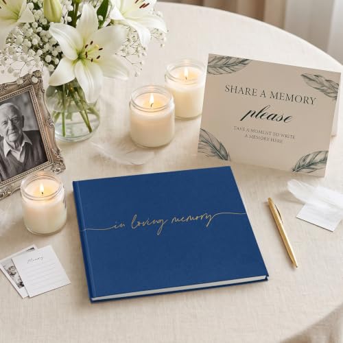 Image of Funeral Guest Book for Memorial Service, in Loving Memory 9x7.5 | 320 Entries, Table Sign Card Included, Gold Stamping, Twill-Textured Paper Cover, Celebration of Life Keepsake, Navy