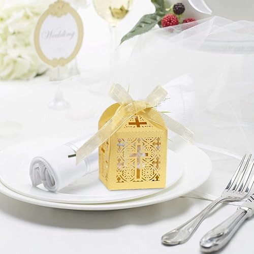 Miniatura 8 de Surakey Cajas de regalo de bautismo, 50 cajas de dulces con cinta hueca y cruz, cajas de regalo plegables, regalo de boda, chocolate, decoración de