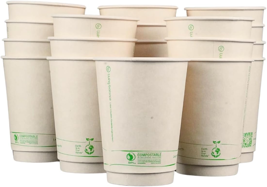 Living Balance Certified Compostable Coffee Cups 12 oz – 100 Pack Cups with Integrated Sleeves | Leak Proof, BPA-Free & CPLA Certified Plant-based | To-Go cup for Hot & Cold Drinks