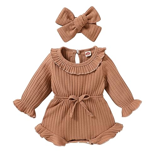 Image of YOUNGER TREE Newborn Infant Baby Girl Fall Clothes Ruffle Long Sleeve Vintage Neck Romper Bodysuit Cute Jumpsuit Outfits (Brown, 3-6 Months)