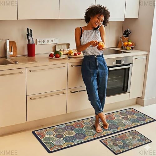 Image of VANZAVANZU KIMEE 2 Pcs Kitchen Mat Set - Non-Slip Water Absorbent Floor Mats for Kitchen & Sink Runner - Soft Cushioned Rugs with Vintage Tile Print Design (120x40 cm + 40x60 cm)