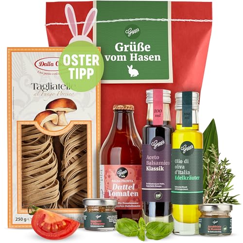 Gepp's Feinkost Ostergeschenk GRÜSSE VOM OSTERHASEN mit italienischen Spezialitäten, Geschenk-Korb mit Nudeln al Fungo Porcino, Tomatensauce uvm., Präsentkorb zu...