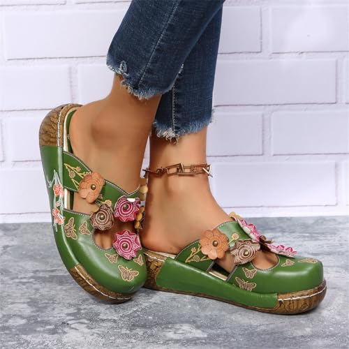 Women's Tribal Flower Platform Mules Summer Closed Toe Wedge Sandals PU Leather Non-Slip Beach Shoes3