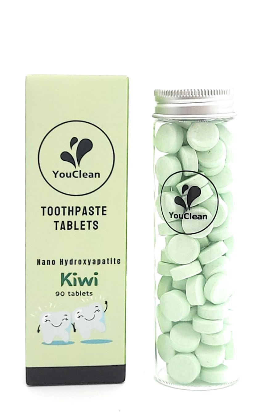 YouClean 90 Toothpaste Tablets in Refill/Recycle Glass Tube - for Travel and Daily Home Office Use - Nano Hydroxyapatite, Fluoride-Free, Vegan (Kiwi)