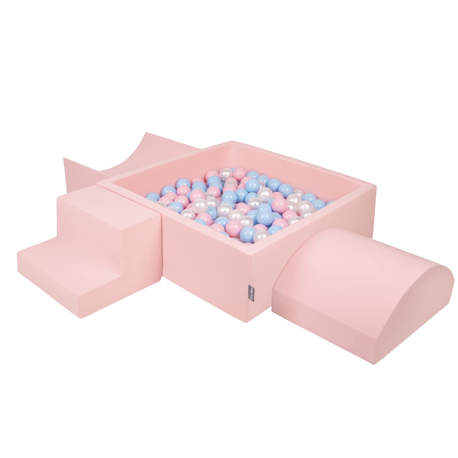 KiddyMoon Foam Playground For Kids With Square Ballpit (300 Balls ∅ 7Cm/2.75In) Soft Obstacles Course And Ball Pool, Made In The EU, Pink:Babyblue/Powder Pink/Pearl