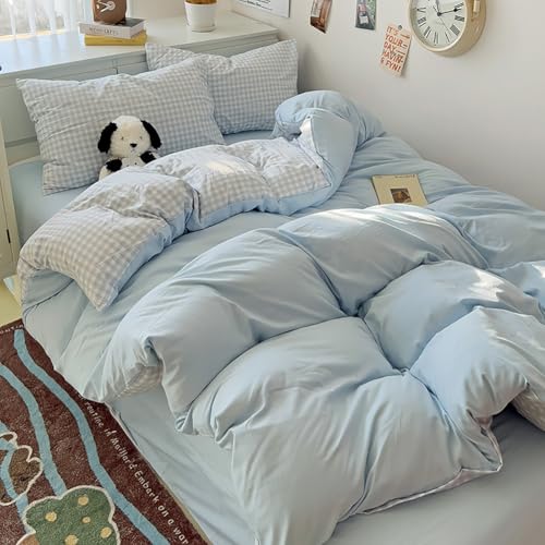 Image of Nayoroom Gingham Duvet Cover King Size Reversible Blue Plaid Checkered Duvet Cover 3 Pieces Soft Breathable Washed Microfiber Girls Dorm Bedding Set for All Seasons