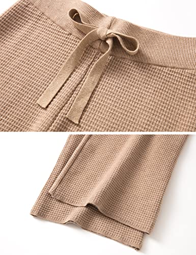 Womens Waffle Knit Lounge Wide Leg Pants High Elastic Waist Flowy Sweater Pants with Drawstring4