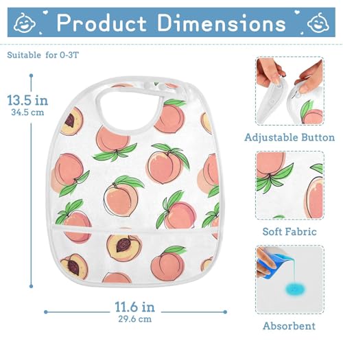 MCHIVER Peach Fruit White Baby Bibs for tag1 Waterproof Feeding Bib Apron with Food Cather Adjustable Cotton Food Eating Bib 2 Pack2