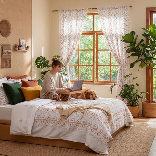 Image of Vintage Patterned Fall Boho Curtains for Living Room 96 Inch,Rustic Country Rust Floral Beige Drapes 2 Panels Set,Natural Extra Long Farmhouse Kitchen Bedroom Window Decor