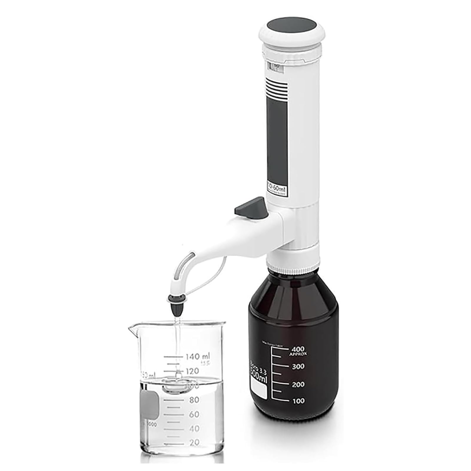 Dispensador de botella para pipetas de laboratorio, 10-60 ml, ajustable con 5 adaptadores roscados, válvulas dobles, ajuste de engranajes, ideal para experimentos e investigación científica