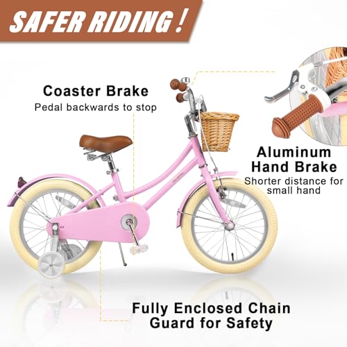 Image of Glerc Little Molly 12-20 Inch Kids Retro Cruiser Bike for 2-13 Year Old with Wicker Basket & Training Wheels /Kickstand, Multiple Colors