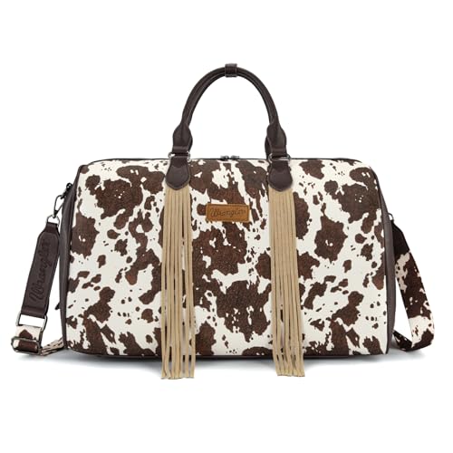 Wrangler Rustler Wildside Cow-Print Weekender Duffel Bag Large Carry On Bags with Tassels Coffee