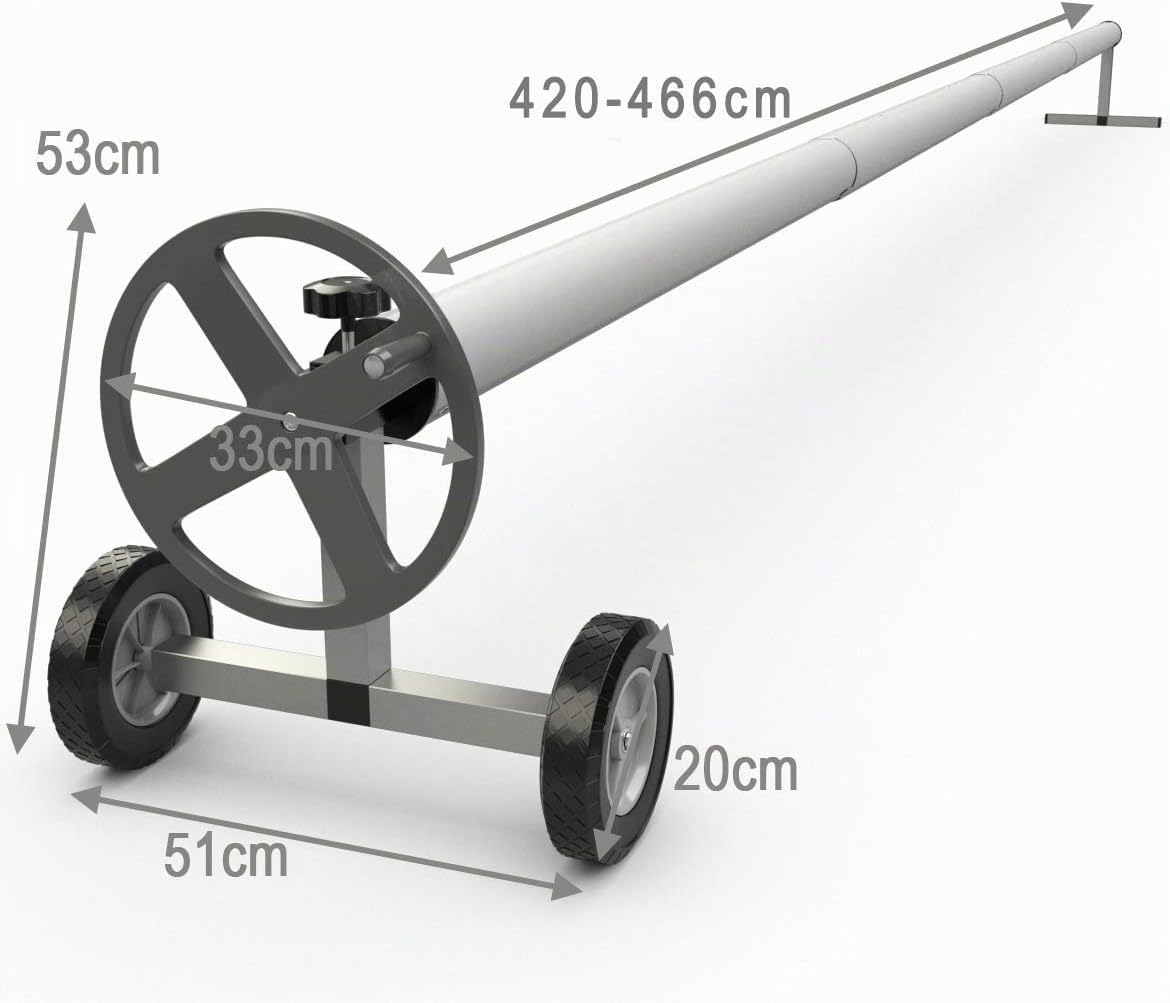 GOPLUS Enrollador de Cubierta de Piscina con 4,2-4,66 m Longitud Ajustable, Enrollador Lona Piscina de Acero Inoxidable con 8 Cintas de Fijación y Ruedas