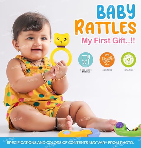 Image of Zest 4 Toyz Baby Rattles Set 6 Pcs 0-6 Months BPA Free Soft Rattling Sound | Fun Colours Non Toxic Toy for Babies | Multi-Colored with Tethers | New Born | Toy Gift Set (Made in India) Pack 4