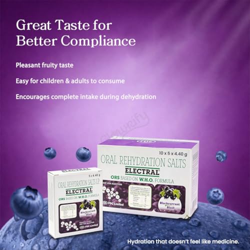 Image of ELECTRAL Oral Rehydration Salts I.P. Blackcurrant Blast Flavor | WHO Formula ORS | Pack of 100 Sachets 4.40g Each for Hydration & Electrolyte Balance