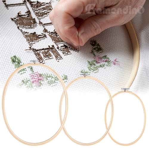 Image of Framendino, 3 Pack 3 Sizes Oval Embroidery Hoops Bamboo Circle Cross Stitch Hoop Ring Frames for Sewing DIY Craft