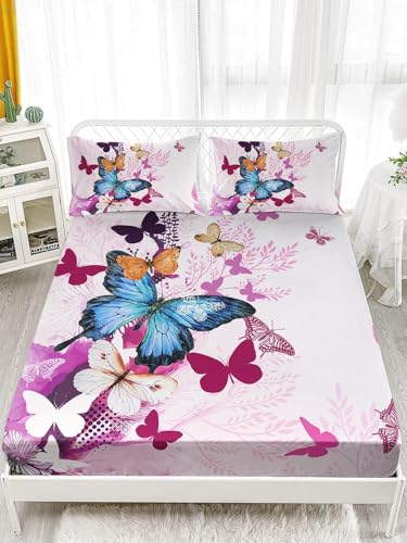 Sábana Bajera 180x200 cm Mariposa 3D impresión Sabanas de Microfibre Suave y Cómoda, Flores Funda de Colchón Sábana con Elástica Bolsillo Profundo 30 cm, Sabanas Cama 180, S378