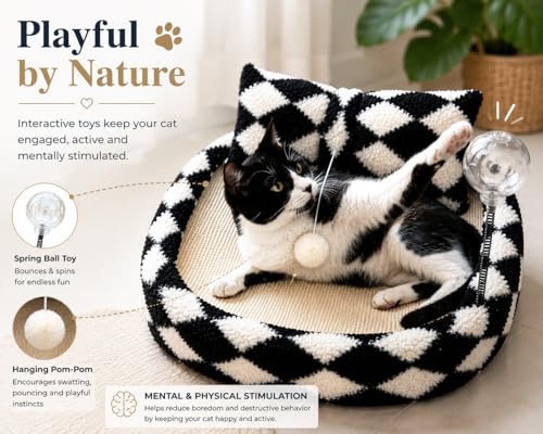 FurSo Cat Scratcher Bed for Indoor Cats – Sisal Scratch Pad Lounge with Spring Treat Ball, Plush Pillow & Play Toy | Diamond Design Cat Scratching Board | Protects Furniture - Image 3
