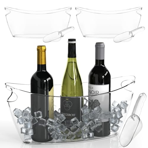 Clear Ice Buckets for Parties 3 Pack, 5.5L Clear Beverage Tub w/Handles & Scoops, Drink Buckets for Parties, Acrylic Beverage Tub, Mimosa Bar Supplies for Sparkling Wine Champagne Beer Drinks