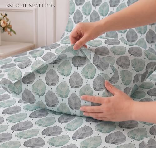 Image of IVAZA Ezyption Cotton Super Soft 240 TC Elastic Fitted All Around Elastic Printed King Size Double Bed Bedsheet with 2 Pillow Cover 72 inch X 78 inch3 Grey Leaf