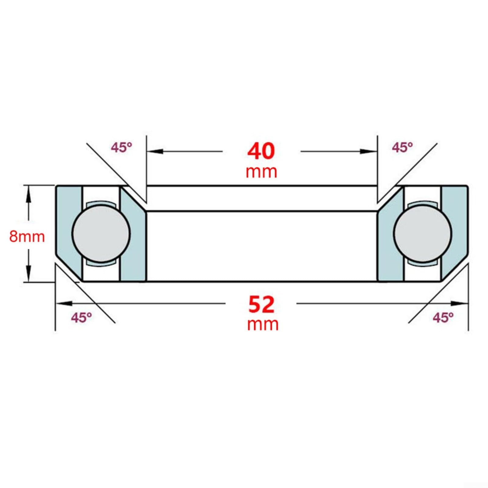 Juego de 2 rodamientos de dirección para bicicleta, 40 x 52 x 8 mm, rodamientos de bolas de acero con junta de goma, chaflán de 45° para marco de bicicleta, color plateado