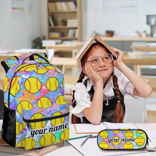 School Backpack for Girls, Softball Backpacks with Lunch Box Matching Combo for Elementary Preschool Middle School, Colorful Large Capacity Bookbag and Pencil Case Bundle for Kids Students 7