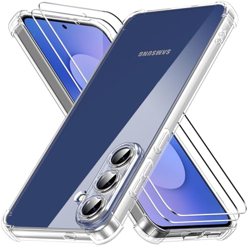 Ikziwreo - Cover per Samsung Galaxy S25 FE con 2 pezzi in vetro temperato, custodia in silicone TPU trasparente morbido [paraurti con angoli rinforzati], protezione trasparente antiurto