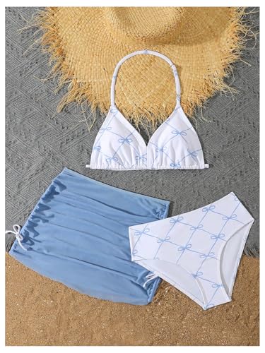 Image of RoseSeek Girl's 3 Piece Cute Bowknot Bathing Suit Halter Triangle High Waisted Swimsuit with Beach Cover Up Skirt