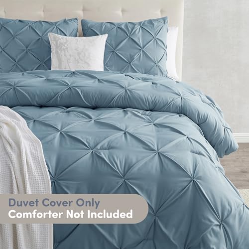 Image of Nestl Stone Blue Duvet Cover King Size - Soft Double Brushed Duvet Set with Button Closure & Corner Ties, 3 Piece Luxurious Pinch Pleated Duvet Cover Set 104x90 Inches with 2 Pillow Shams