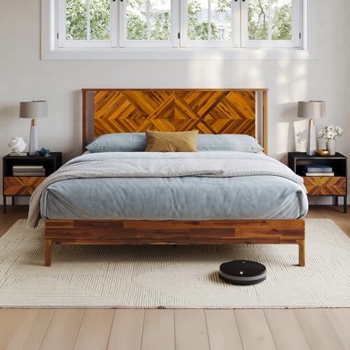 Image of Bme Ethan King Size Bed Frame with Diamond Headboard, Rustic Mid Modern, Solid Acacia Wood, No Box Spring Needed, Slat Support, Rustic Caramel