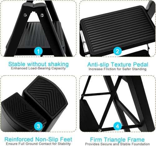 Image of Portable 3 Step Ladder Folding Step Stool for Home Kitchen Office Library, Lightweight Heavy Duty Steel Frame, Anti-Slip Wide Pedals, Easy Storage, Modern Black (1Pcs)