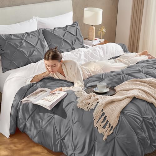 Image of Andency Oversized King Pinch Pleat Comforter Set (120 inchx98 inch),3 Piece Lightweight Pintuck Bedding Comforters & Sets, Fluffy Down Alternative Comforter with 2 Pillow Shams for All Season,Medium Gray