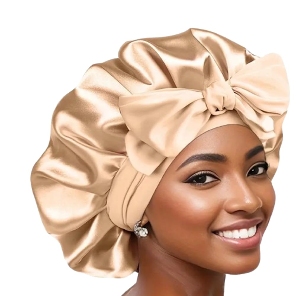 Boolavard Silk Bonnet for Sleeping Women Satin Bonnet Double Layer Satin Lined Hair Bonnet with Tie Band Curly Hair (UK, Alpha, One Size, Golden)