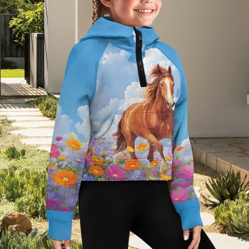 Girls Hoodies Graphic Sweatshirts for Kids Half Zipper Hooded Pullover Preppy Shirts with Pockets 5-144