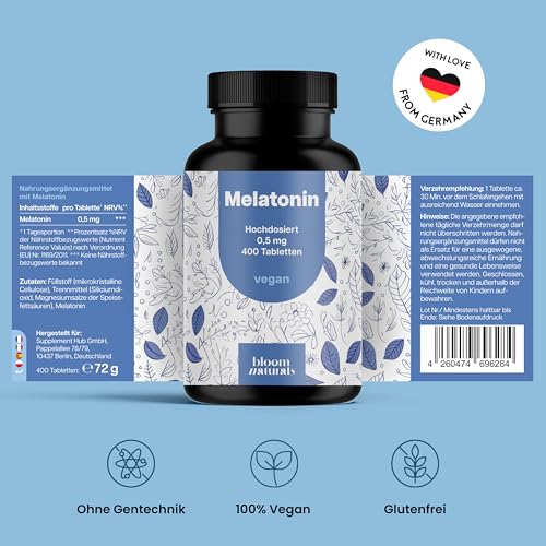 Melatonin Tabletten - 400 Stück mit 0,5mg Melatonin pro Tablette, hochdosiert - vegan und produziert in Deutschland - Verpackung kann variieren