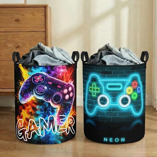 Image of 2Pcs Gamepad Boys Kids Laundry Basket Baby Nursery Hamper Gamer Room Decor Foldable Oxford Cloth Funny Tote Clothes Storage Bucket Organizer For Bedroom (Gamepad)