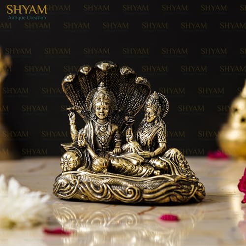 Image of Large Size Brass Lakshmi Vishnu Ji Sitting On Sheshnag Murti 5 inch Maa Laxmi Vishnu Resting On Snake Idol Lakshmi Narayan Statue for Home Office Temple Diwali Puja Gifting