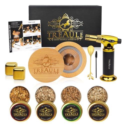 TREAULE Old Fashioned Smoker Kit – Luxury Cocktail Smoker Kit with Torch Lighter, 4 Flavors Wood Chips for Cocktail Smoker, 2 Whiskey Rocks – Elegant and Practical Whisky Gifts for Men
