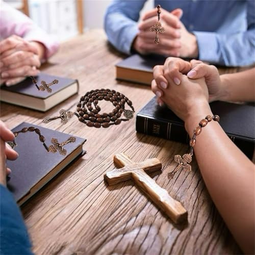 Image of Bovemee Saint Benedict Medal Prayer Pocket Rosary Catholic Brown Wood Beads with Medalla de san benitol and Crucifix, 9 Inch