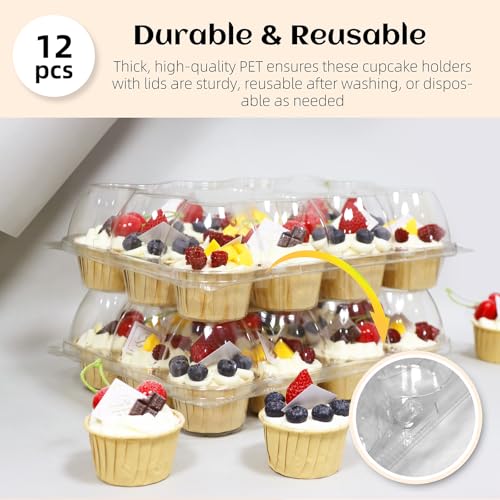 Image of WIKDAY 12 Count x 12 Sets Plastic Cupcake Containers, Durable and BPA-Free Cupcake Holder with Lid for Easy Transport Storage, Stackable Clear Cupcake Carriers, Reusable Dessert Boxes