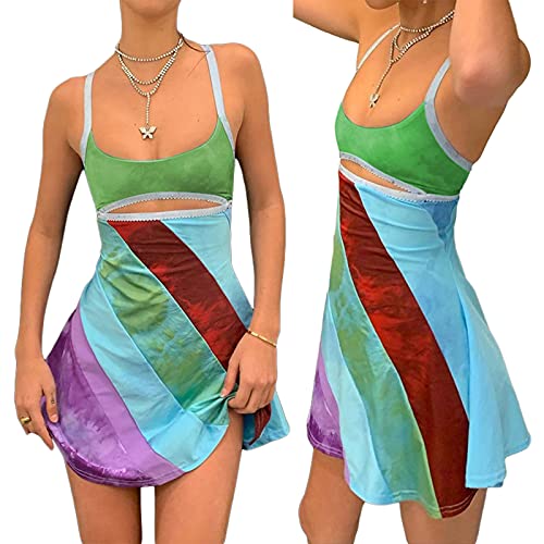 Image of Aopwsrlyi Women's Spaghetti Strap Mini Dress Sexy Sleeveless Backless Colorful Print Summer Going Out Club Party Dress