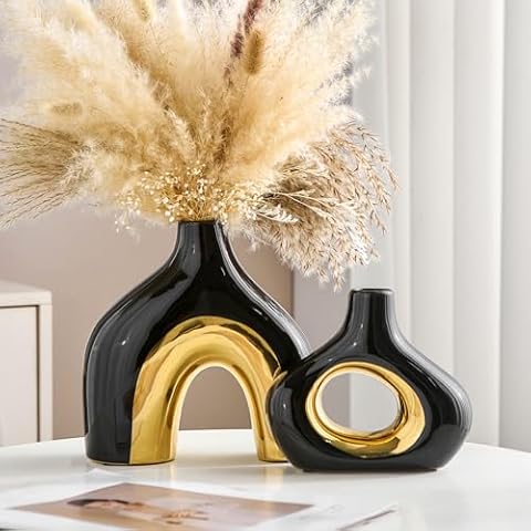 Ceramic Vase Set of 2 Black and Gold Vase for Pampas Grass, Modern Donut Vase for Gold Decor, Round Vases Centerpieces for Wedding, Bedroom, Living Room, Coffee Table, Entryway, Office Cover