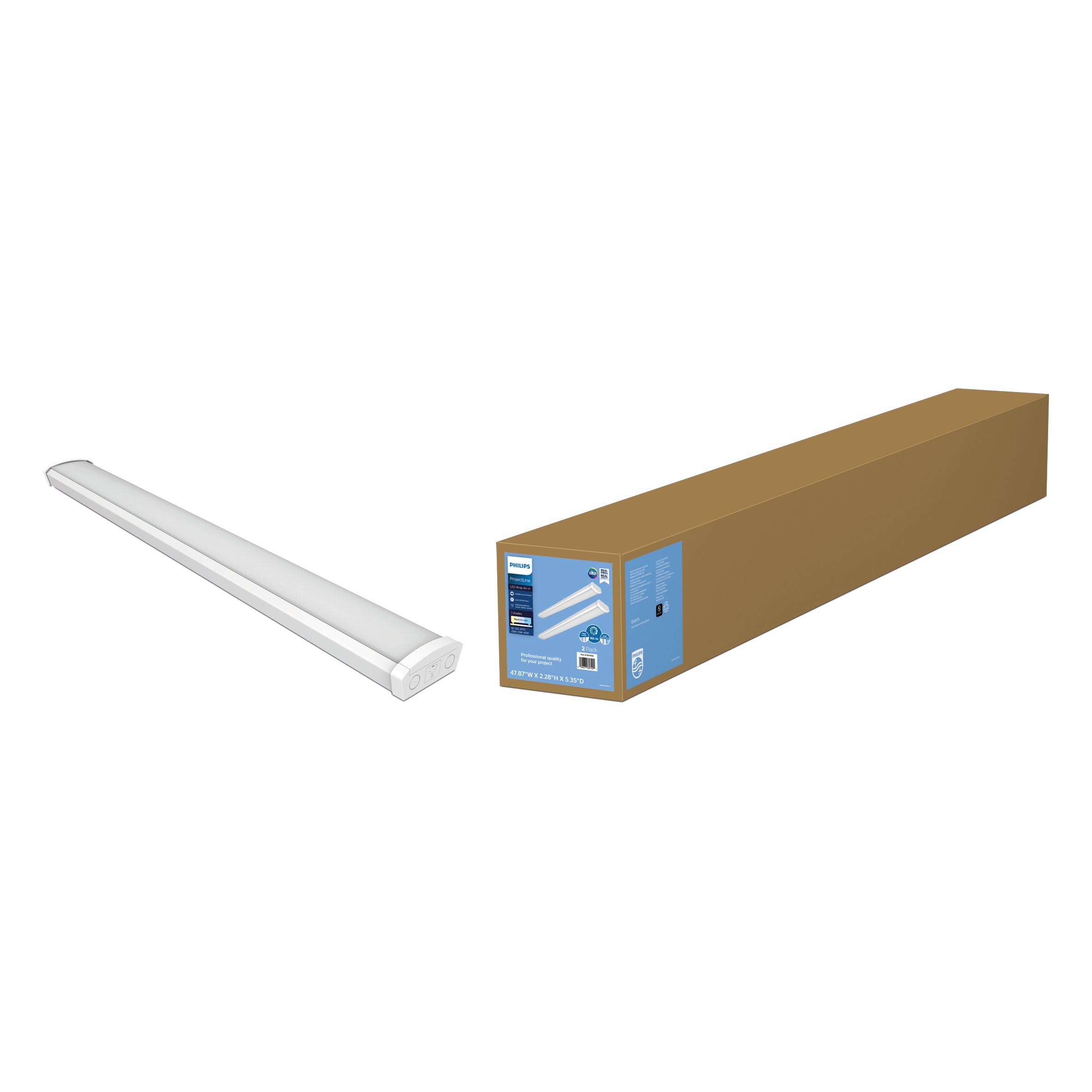 Philips LED 2-Pack 4FT High Brightness Utility Garage Shop Linkable Wrap Around Fixture, Hardwired, 3340/3800/4600lm, CCT 3500/4000/5000K, 50,000 Hours, Damp Rated, 120-277V - Basement Ceiling