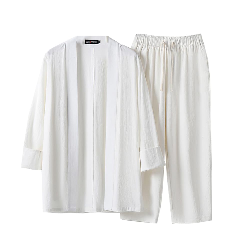 TIANQIHAO Summer Two-Piece Suit Cotton Bathrobe Pajamas Kimono Bathrobes Sleepwear Plus Size Pjs Set With Pockets,White-Large