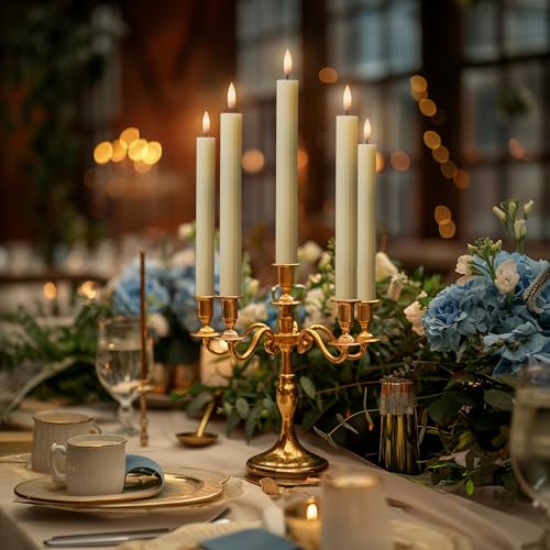 Image of 10 inch Fluted Ribbed LED Ivory Grooved Real Wax Taper Candles, Remote & 24h Timer Memory, On /Off Switch - Flameless Dimmable Battery Operated w /Flicker Mode, Home Wedding Decor (6 Pack)
