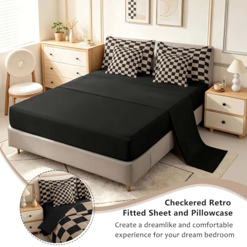 Image of Feelyou Checkered Retro Comforter Set with Sheets 7 Piece King Size Brown Plaid Bed in a Bag Kids Boys Girls Geometric Vintage Bedding Set Modern Simple Groovy Aesthetic Bedroom Decor Breathable Soft